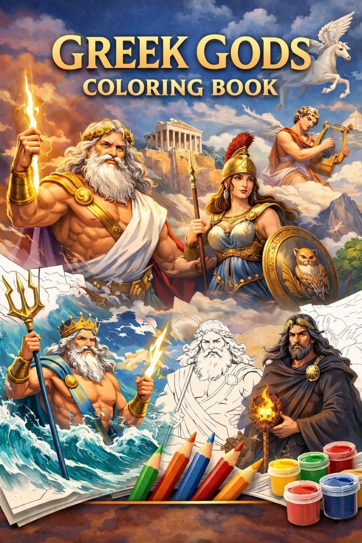 Greek gods coloring book with mythology inspired line art illustrations